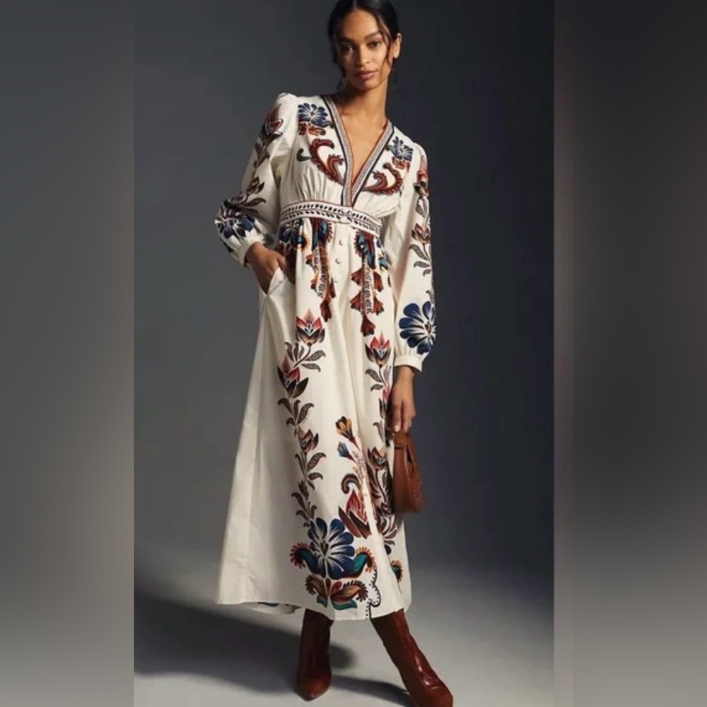 FARM Rio Cream Dress with Blue and Red Floral Design